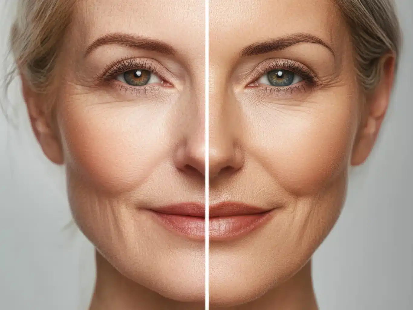 A split-face comparison of a mature woman; the left side shows natural fine lines, sun spots, and wrinkles around the eyes and mouth