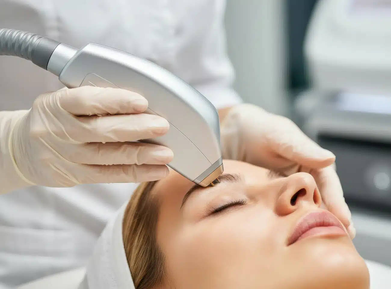 Esthetician performing non-invasive laser treatment on a woman's eyelid for skin tightening and rejuvenation.