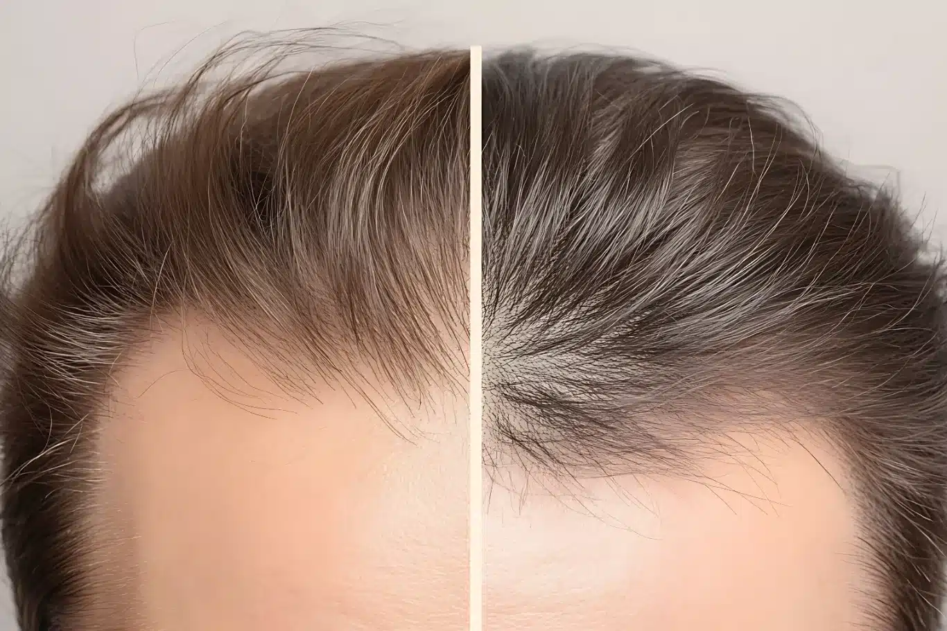 Before and after comparison of hair restoration results on a forehead